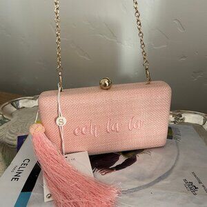 Shiraleah Ooh Lala Novelty Clutch Pink with Pink Writing Gold Hardware and Chain